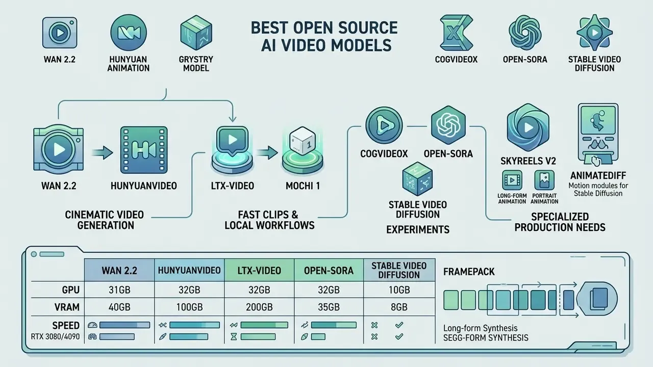 Infographic categorizing open source AI video models by use case with a hardware requirement table below