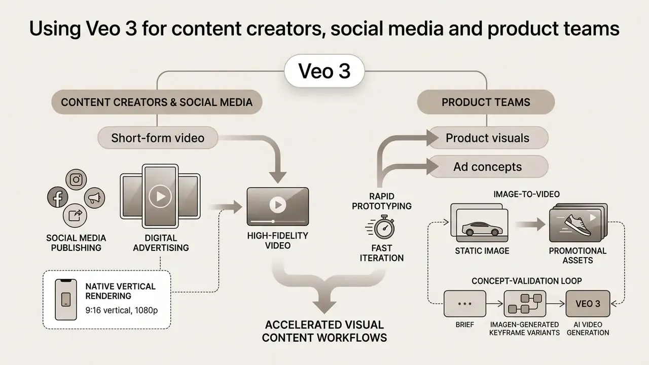 Infographic showing how Veo 3 supports social media content creation and rapid product prototyping