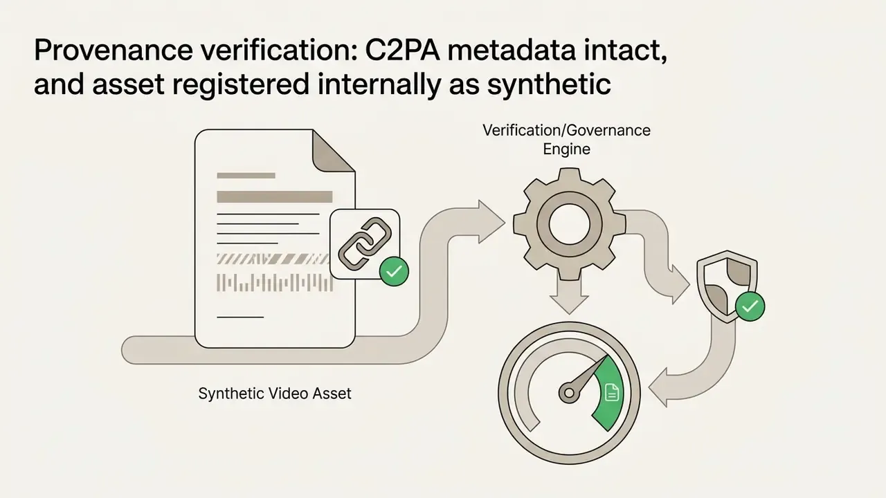 Synthetic video asset flowing through a verification engine to a shield and gauge icon