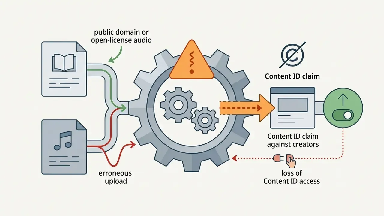 Documents and audio files feeding a gear mechanism that triggers a Content ID claim and loss of system access