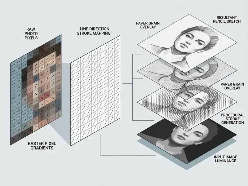 Technical breakdown of how raster pixel gradients map to procedural graphite strokes and paper textures