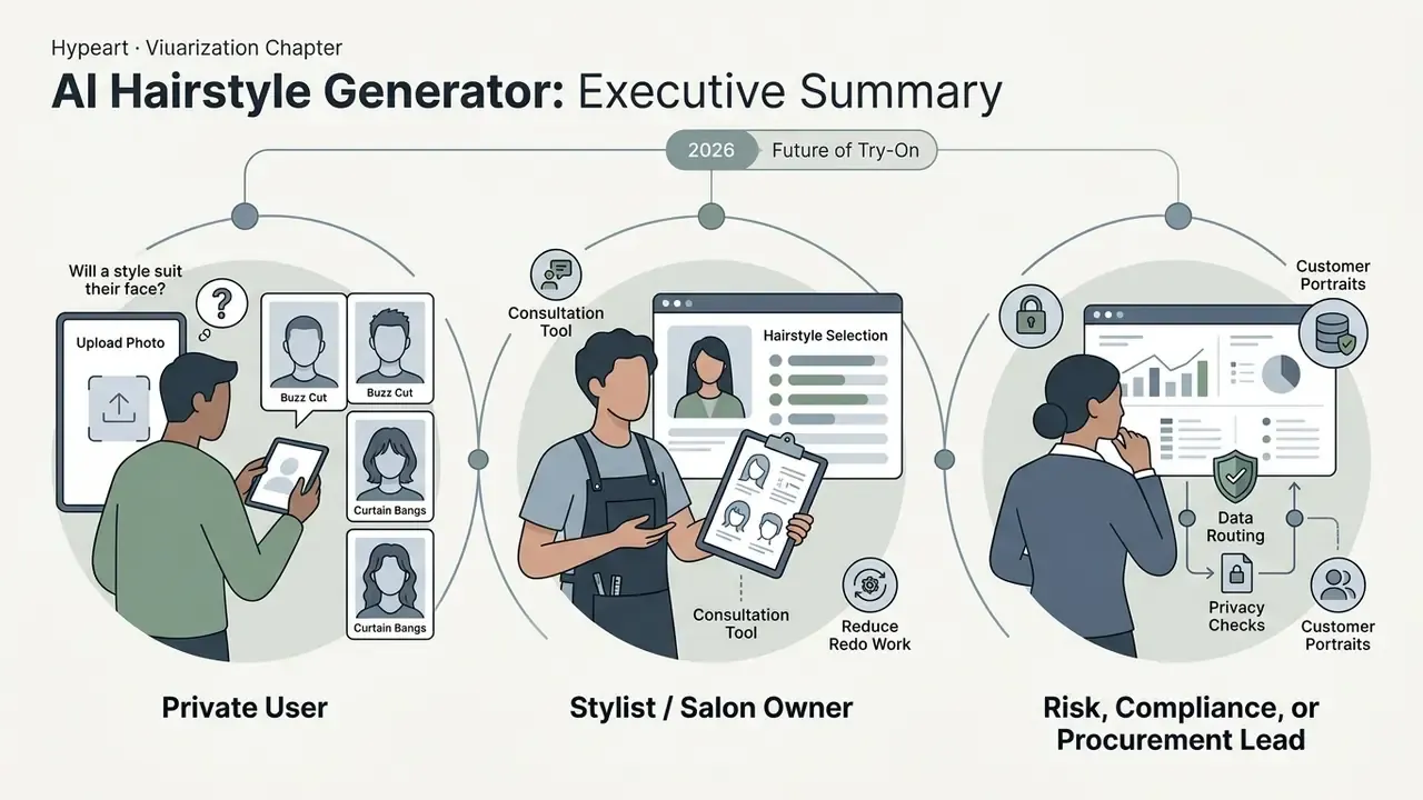 Infographic showing how a private user, stylist, and compliance lead interact with an AI hairstyle generator