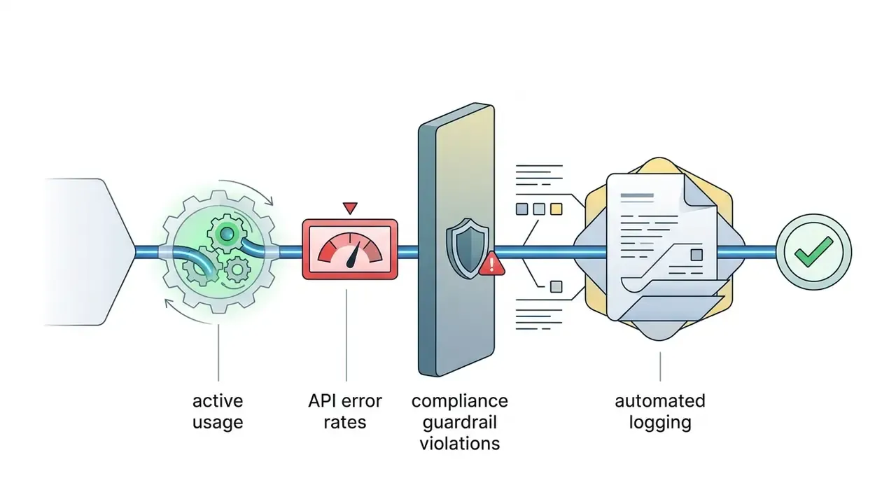 Usage metrics and error rates flow through a shield and logging hub to generate a validated output symbol