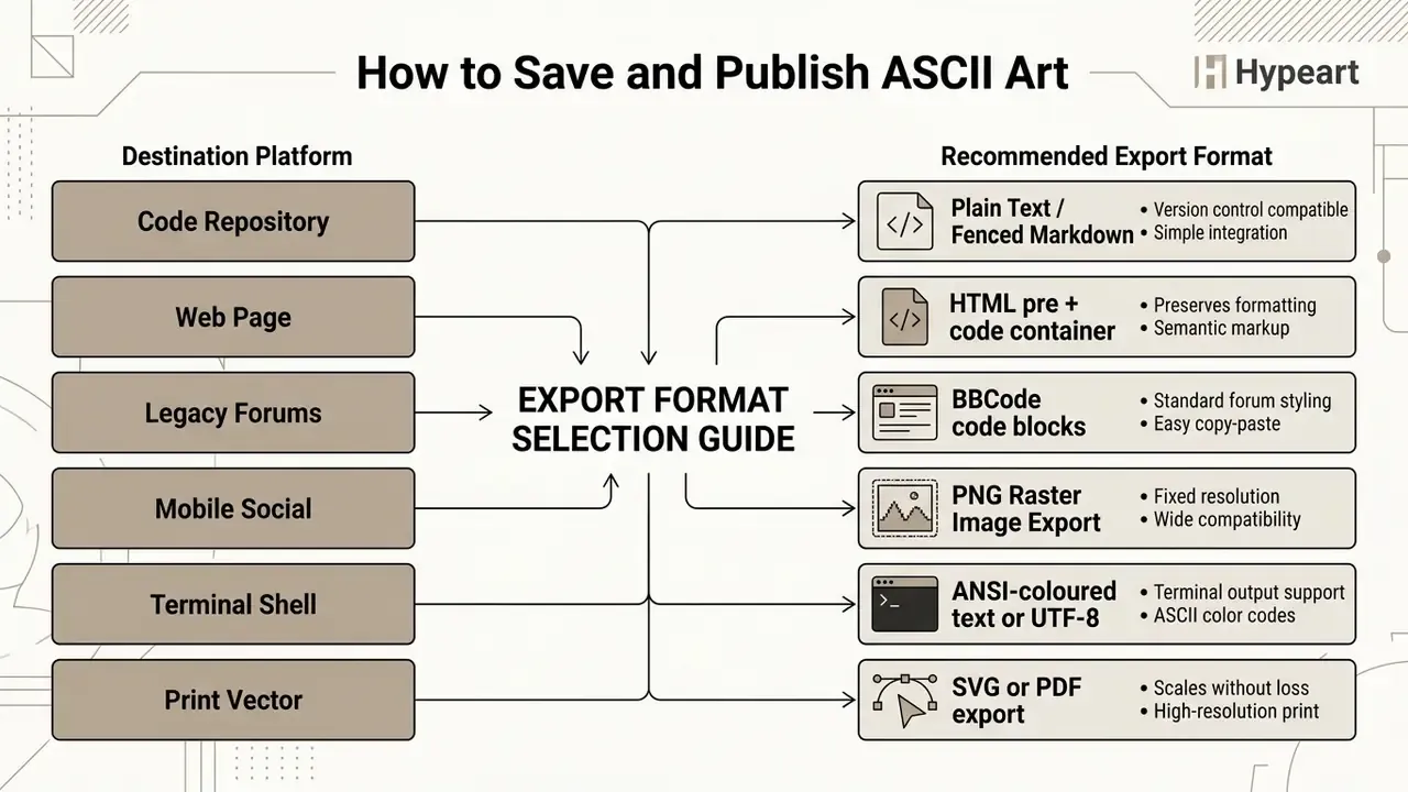 Guide linking various digital platforms to their recommended file formats for publishing text-based graphics