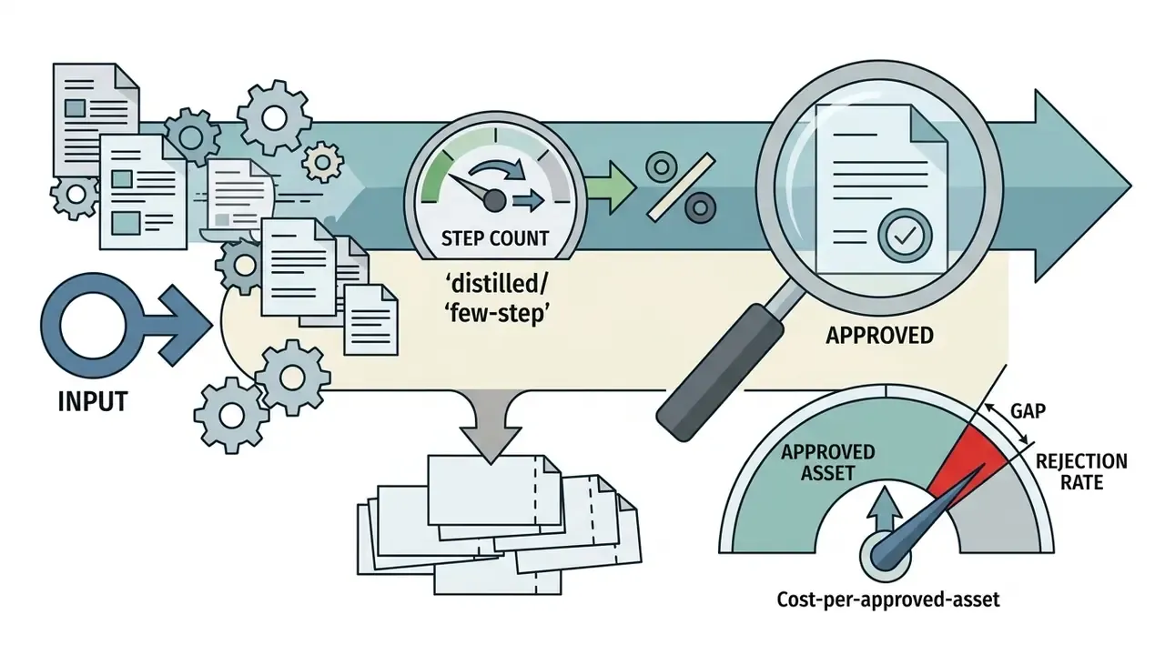Visual representation of a production pipeline showing step count reduction and asset rejection rates