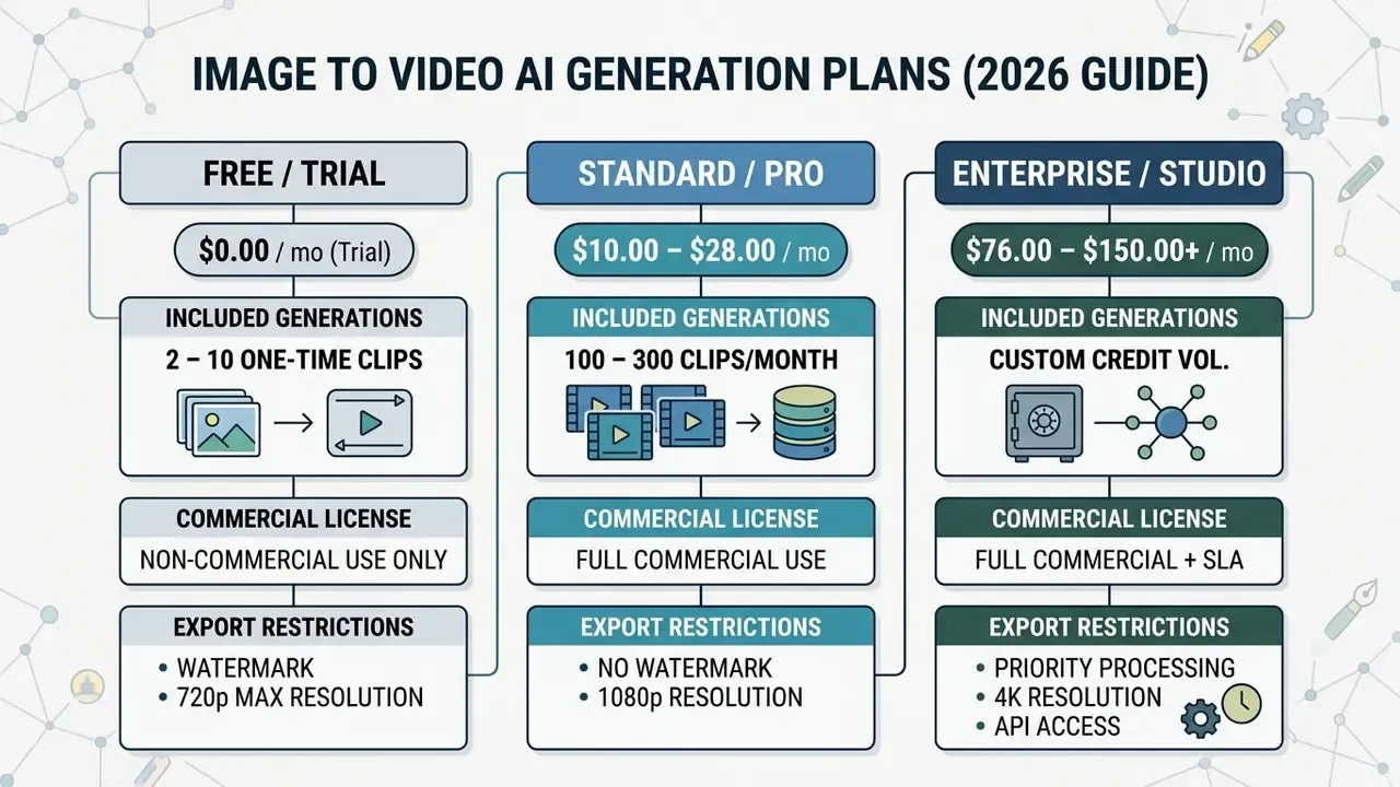 Three-column chart detailing monthly costs, generation limits, and licensing for AI video service tiers