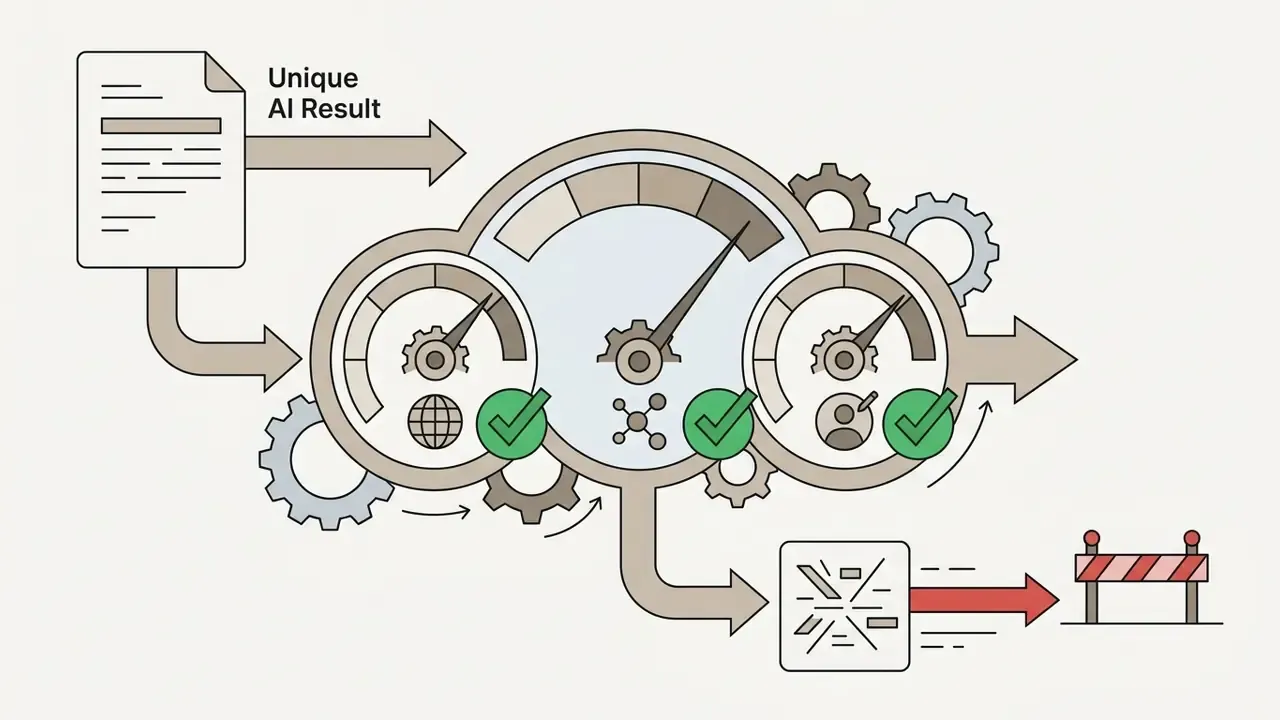 Document feeding into a gauge system with checkmarks leading to a filtered output and a road barrier