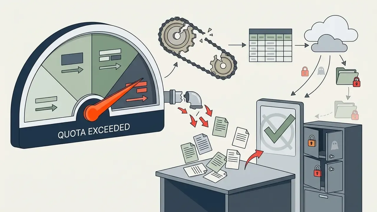 Gauge showing quota exceeded with broken chain and documents leaking into unauthorized cloud storage