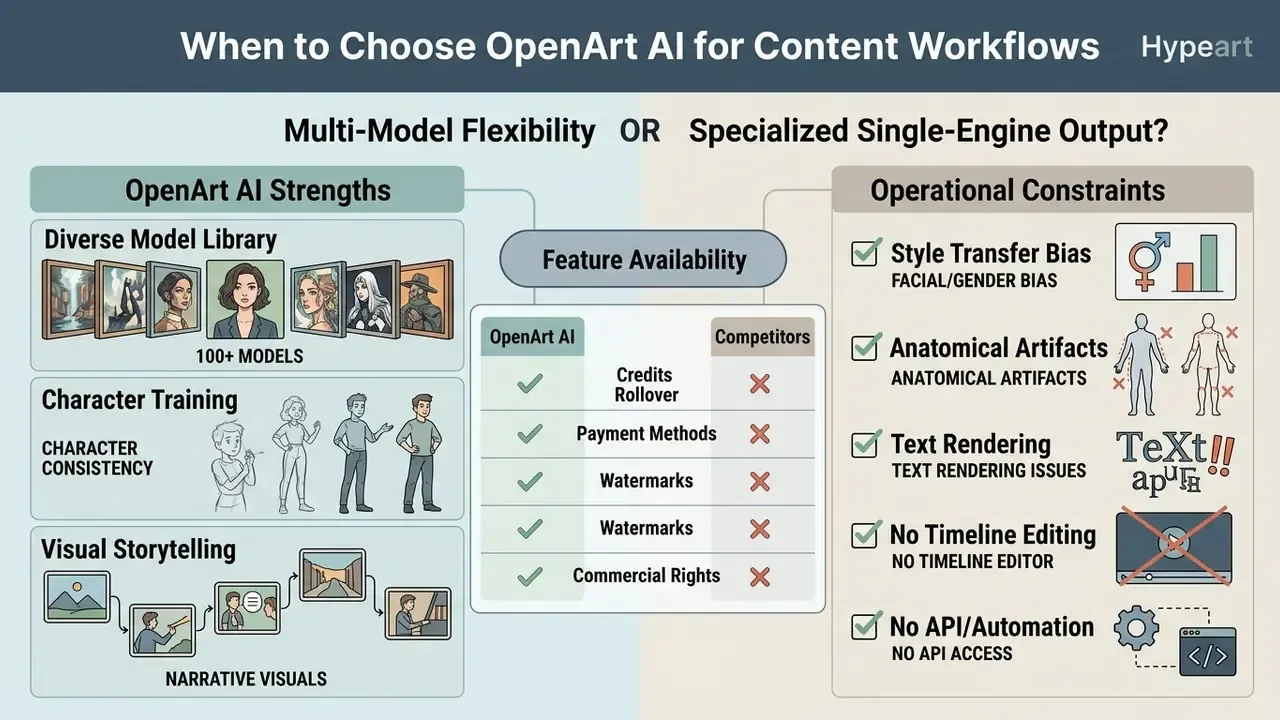 Comparison matrix highlighting OpenArt AI strengths versus operational constraints and feature availability