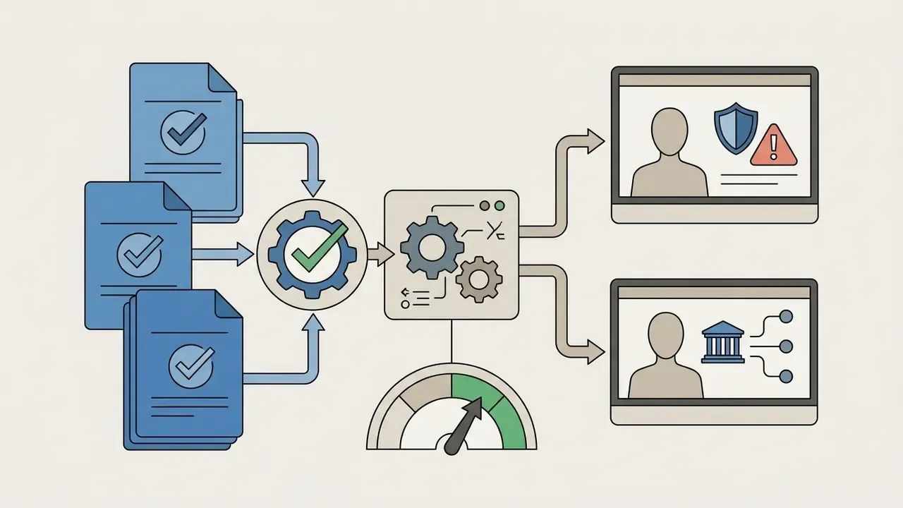 Verified documents feeding into a central processor to generate avatar-led training modules for business