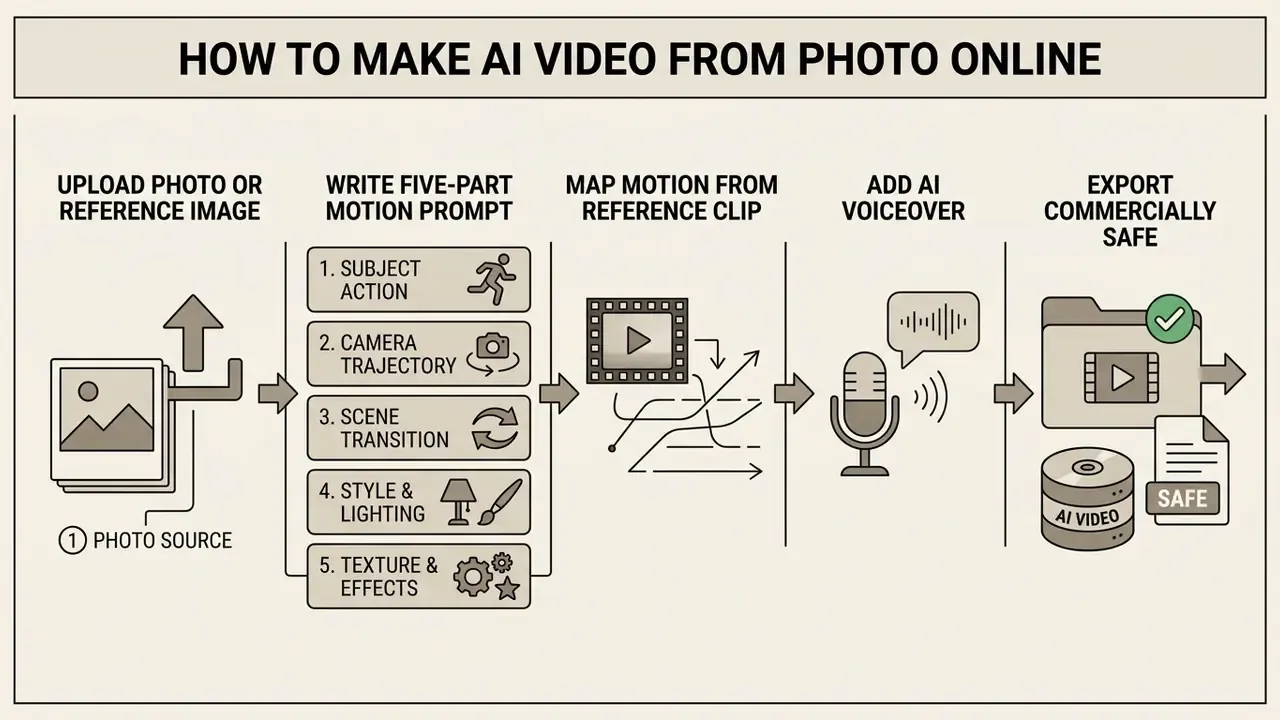 Five-step infographic showing how to make AI video from photo by using prompts and motion mapping
