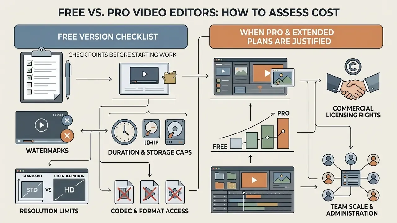 Comparison of free tool limitations versus professional plan benefits for media production workflows