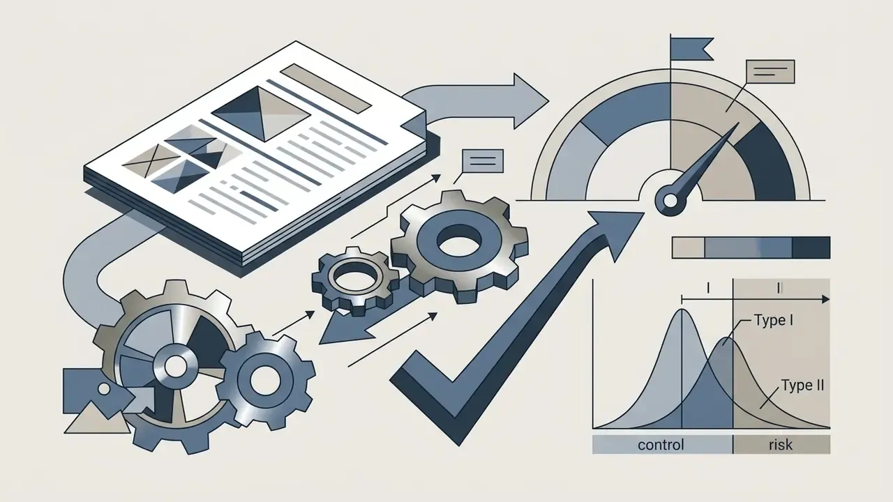 Documents and gears connecting to a performance gauge and a statistical graph showing error types