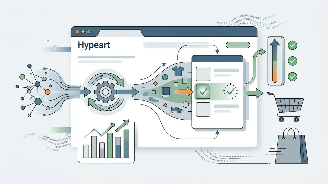Data funnel processing retail product icons into a mobile shopping interface with growth charts