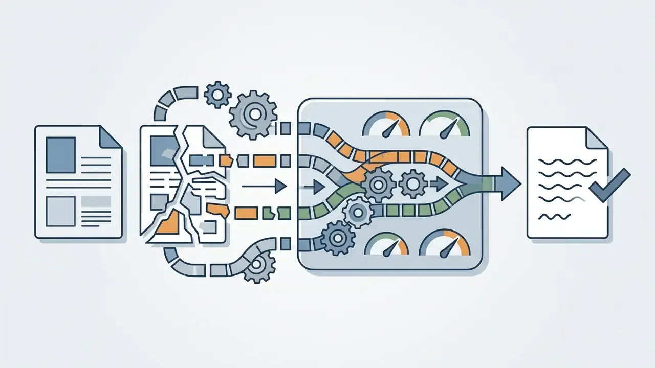 Documents feeding into a mechanical processor with gears and gauges to produce a finalized text output