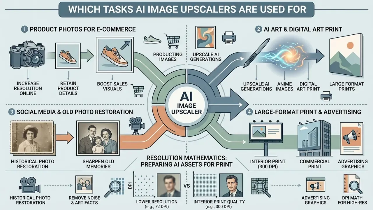 Diagram showing four commercial categories for image enhancement including e-commerce and print media