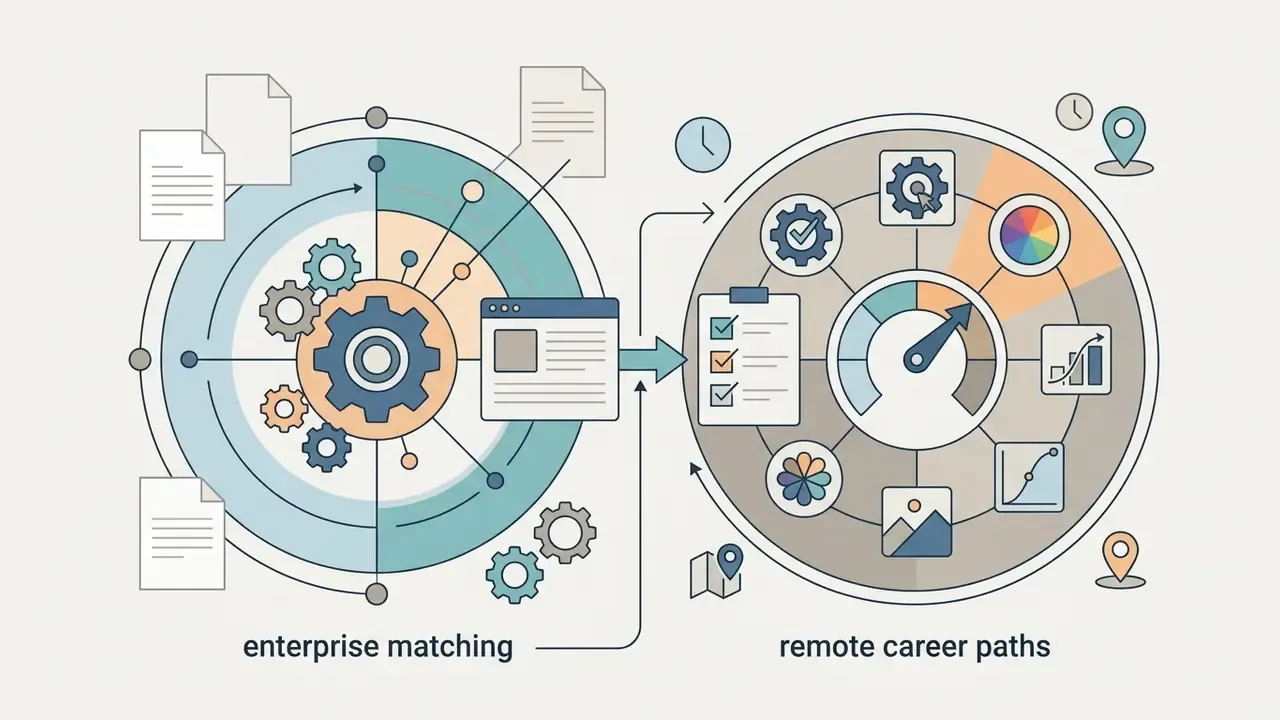 Two circular hubs connecting enterprise job matching to remote career paths for photo editor jobs