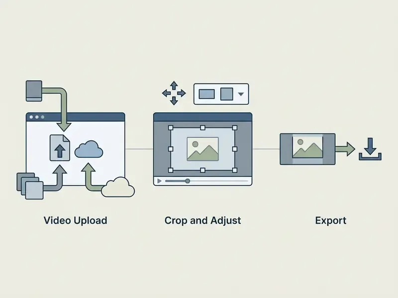 Three-step diagram showing the process to upload a video, crop the frame, and export the final file