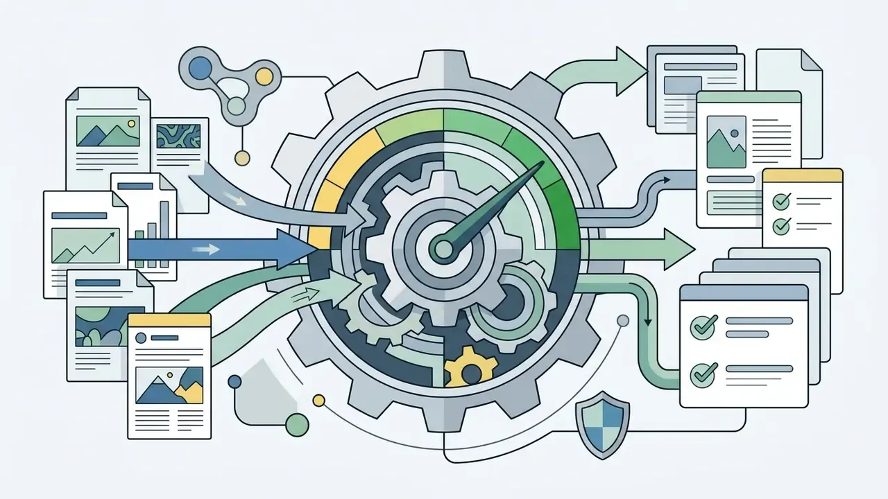 Knowledge base documents feeding into a gear system that outputs status reports and validated task lists