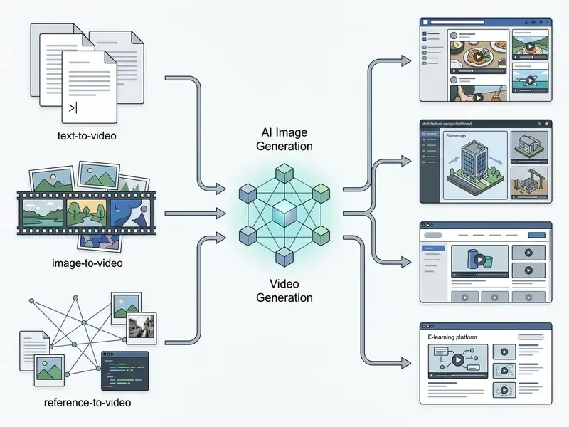 Diagram showing how text, image, and reference inputs flow into the DeepAI video generator for output