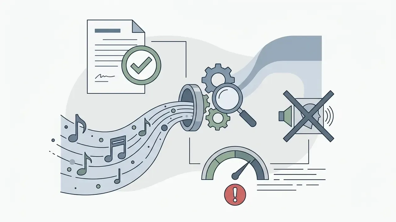 Musical notes flowing through a processing pipe toward a magnifying glass and a restricted audio icon