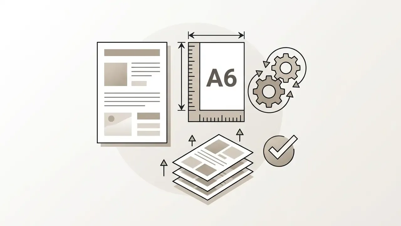 A6 paper icon with a ruler, gears, and a stack of documents representing precise layout settings