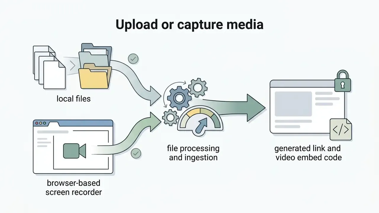 Diagram showing local files and screen recordings being processed into a link and embed code