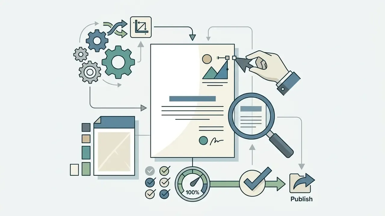 Hand adjusting design elements on a document with a magnifying glass and a progress gauge for publishing