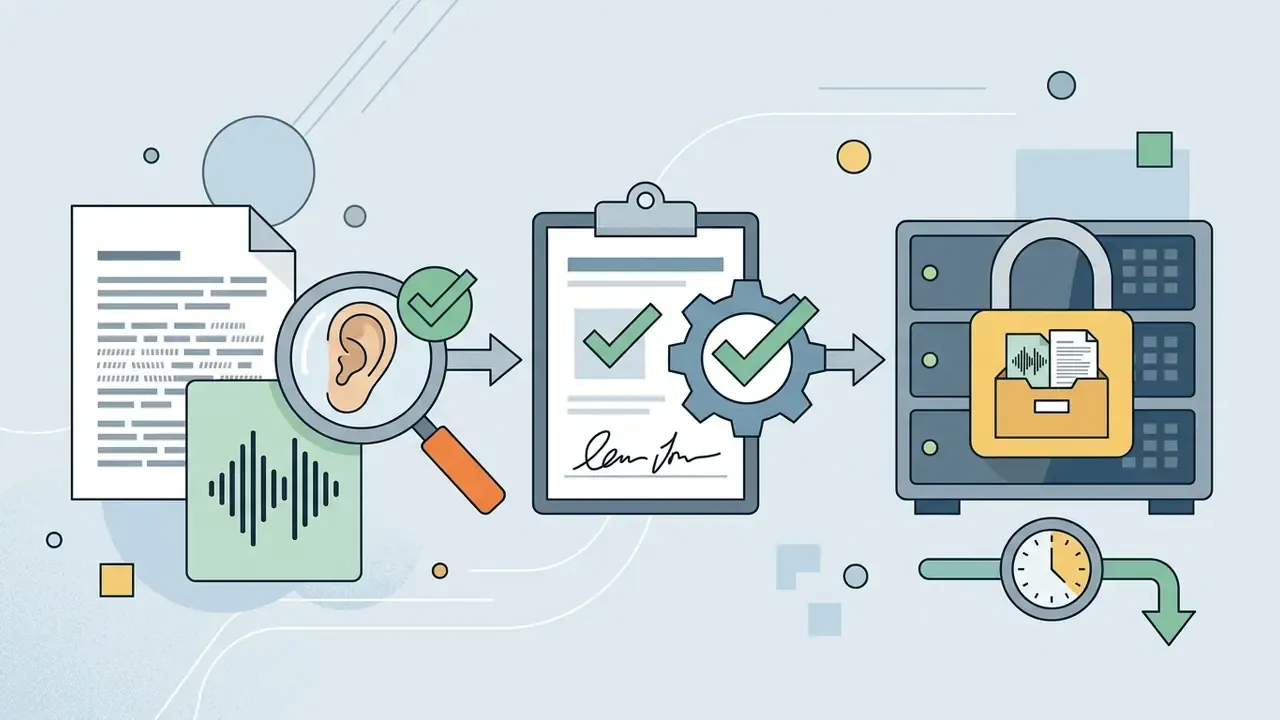 Auditory review of audio files, human sign-off on documentation, and long-term storage in a locked server