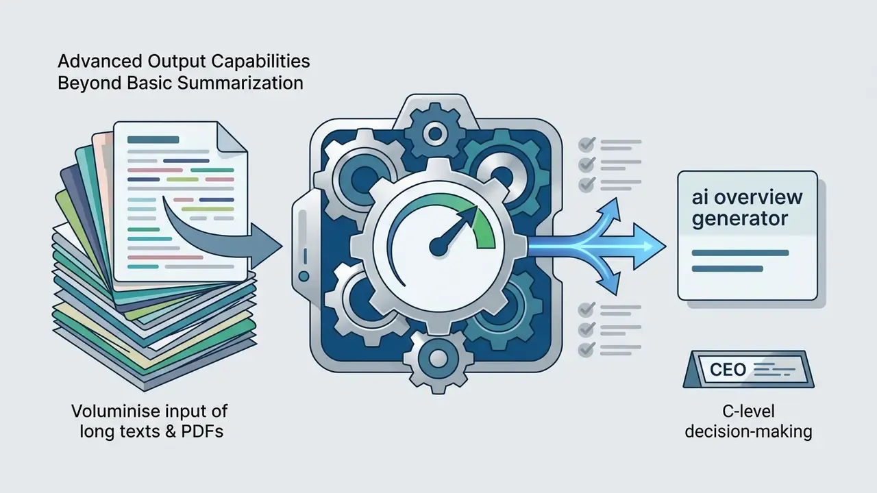 Stack of documents feeding into a gear system that outputs a brief for C-level decision-making