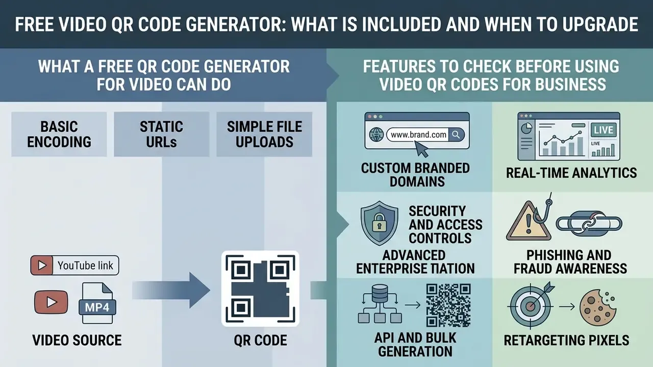 Comparison of basic free video QR code generator features versus advanced enterprise business tools