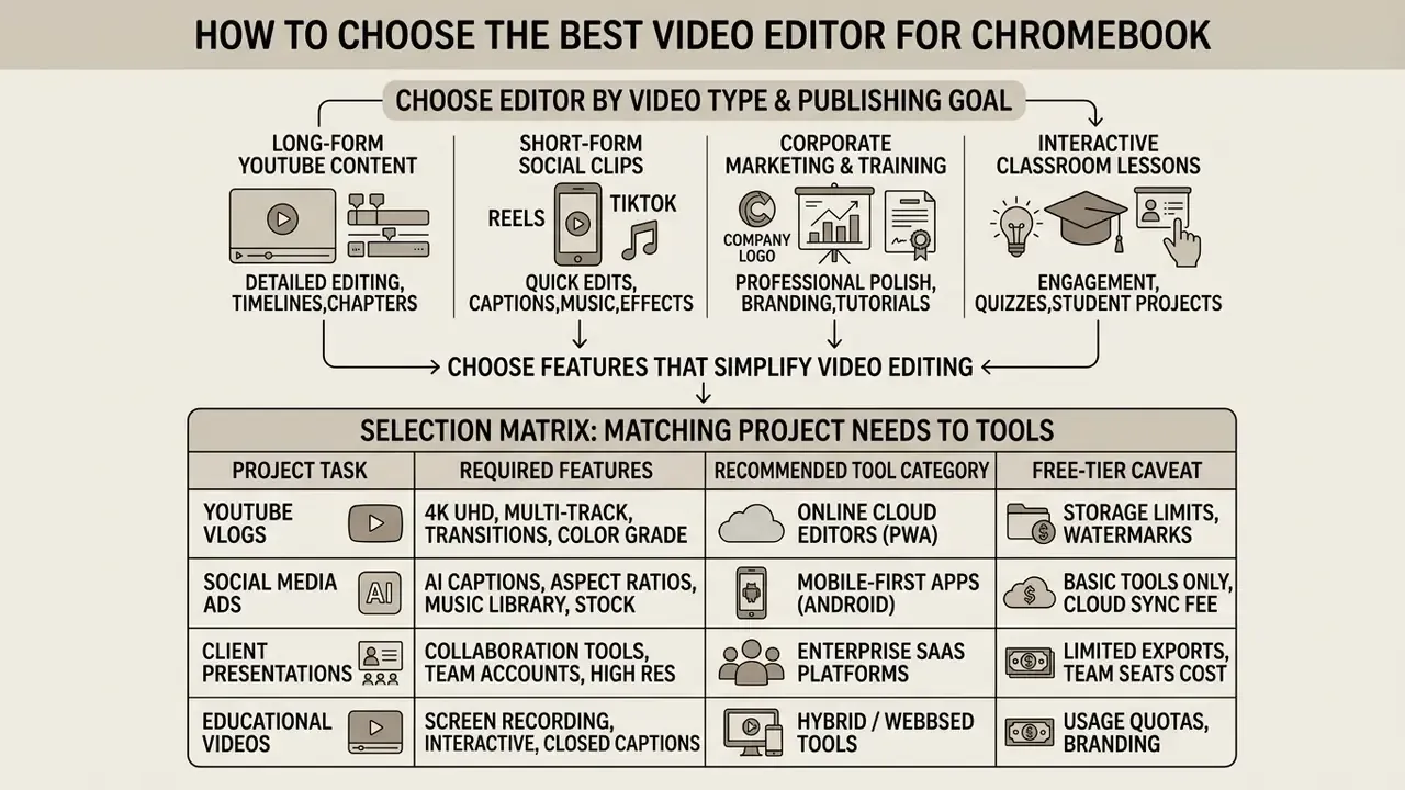 Infographic mapping video types and publishing goals to a selection matrix for Chromebook video editors