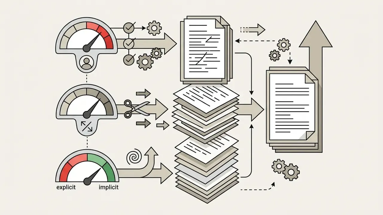 Three gauges monitoring text processing tasks that feed into document stacks and an upward arrow