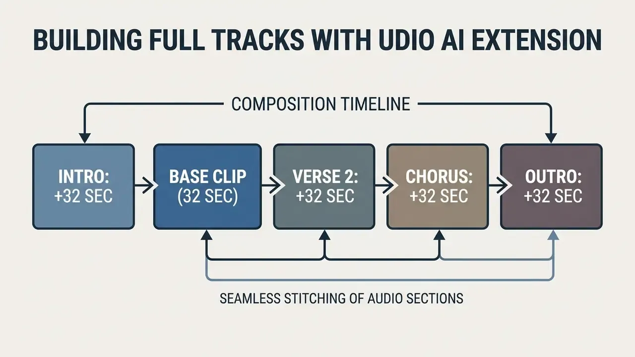 Timeline diagram showing how Udio AI audio sections are stitched together to form a full music track