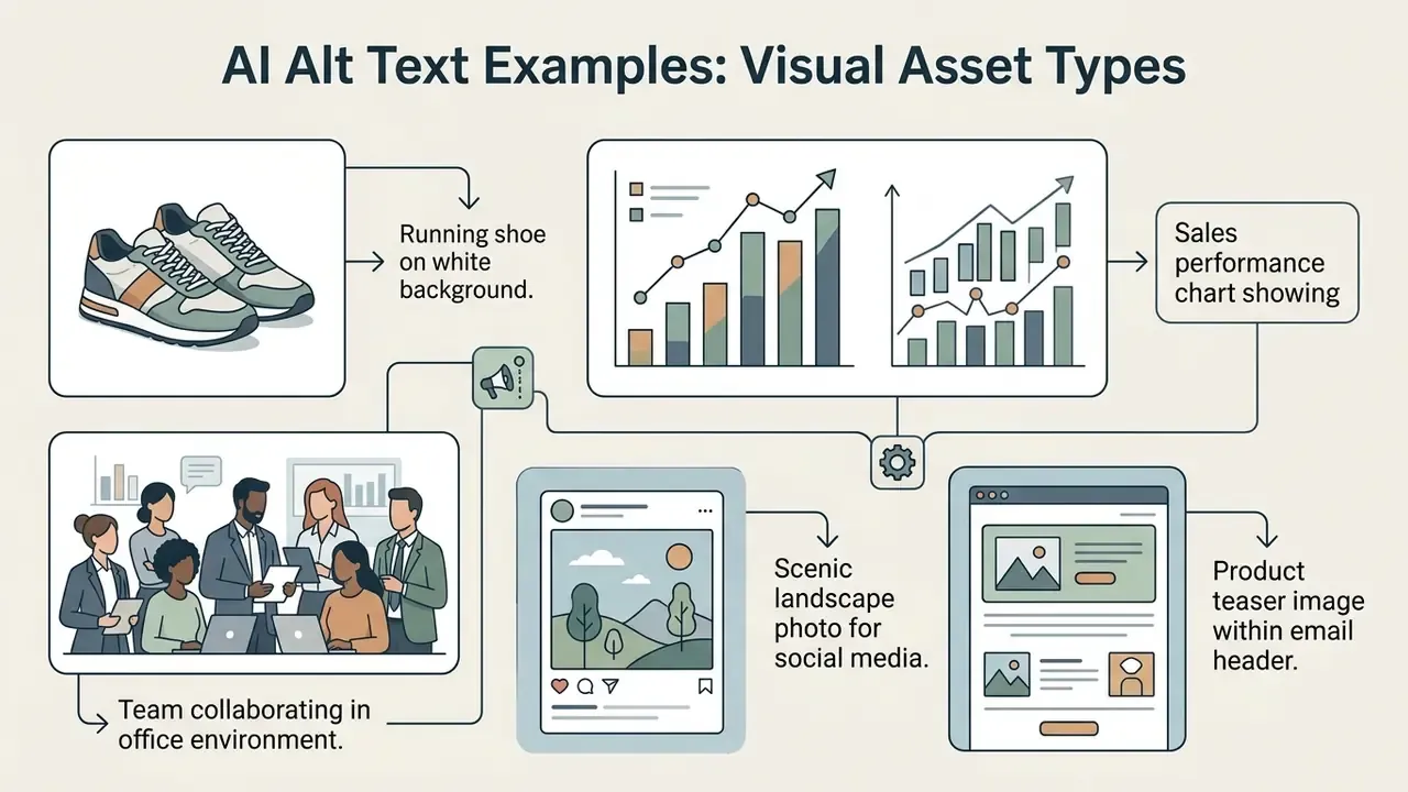 Diagram showing AI alt text examples for products, corporate photos, charts, social media, and email