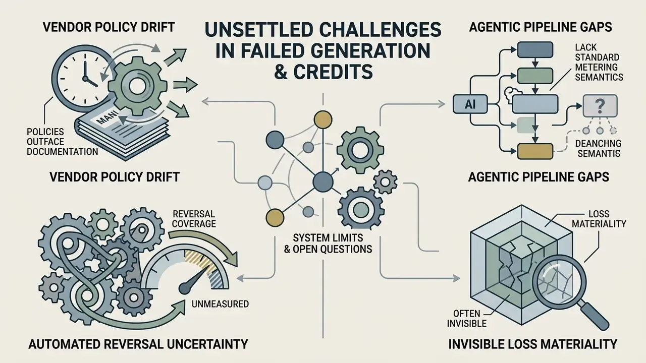 Diagram mapping four key challenges in AI generation and billing through icons and process flows