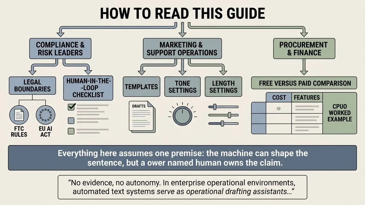 Flowchart directing compliance, marketing, and procurement teams to relevant sections of the AI review guide