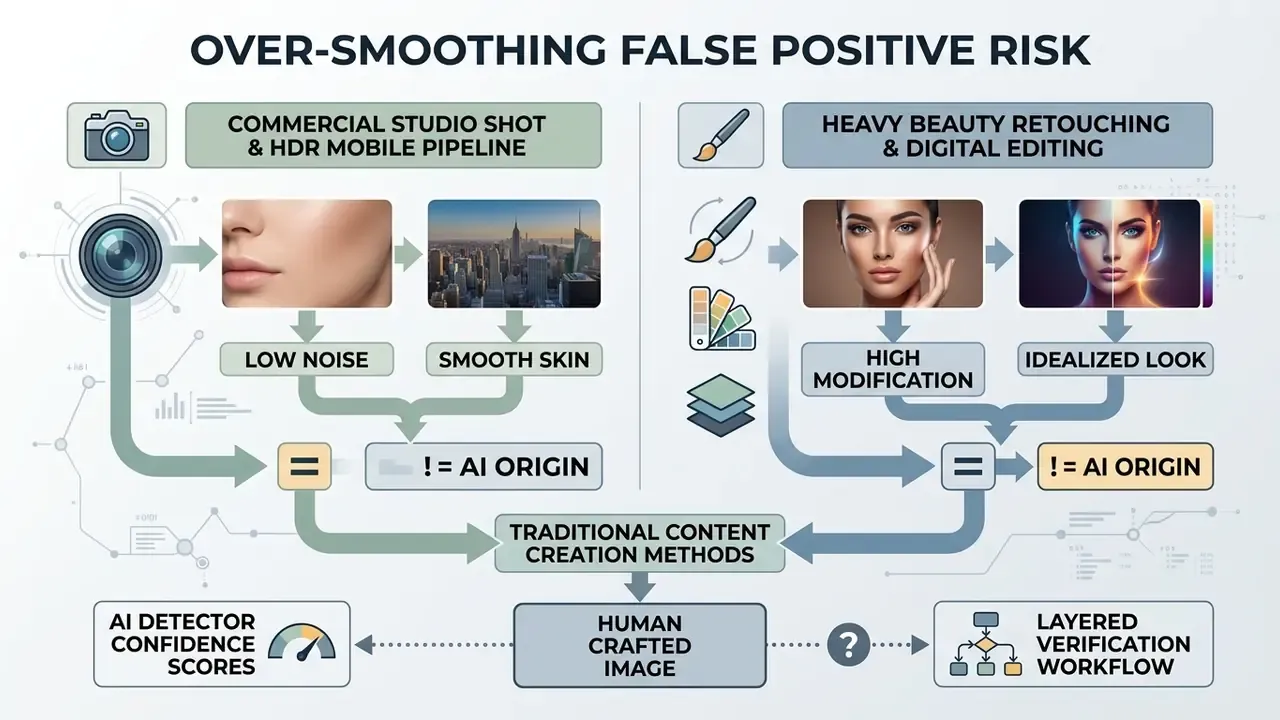 Flowchart contrasting commercial photography and digital retouching workflows that mimic synthetic features