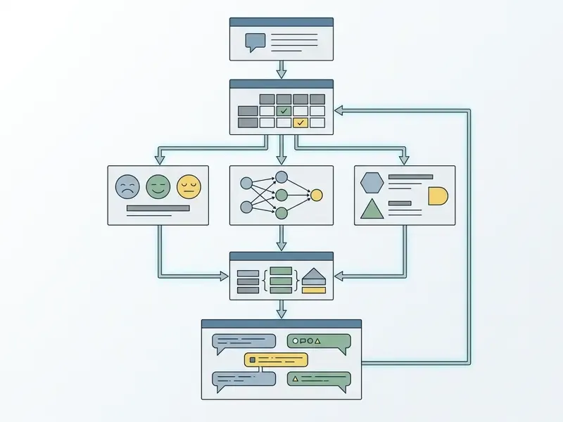 Step-by-step flowchart showing data inputs, neural network processing, and final dialogue generation