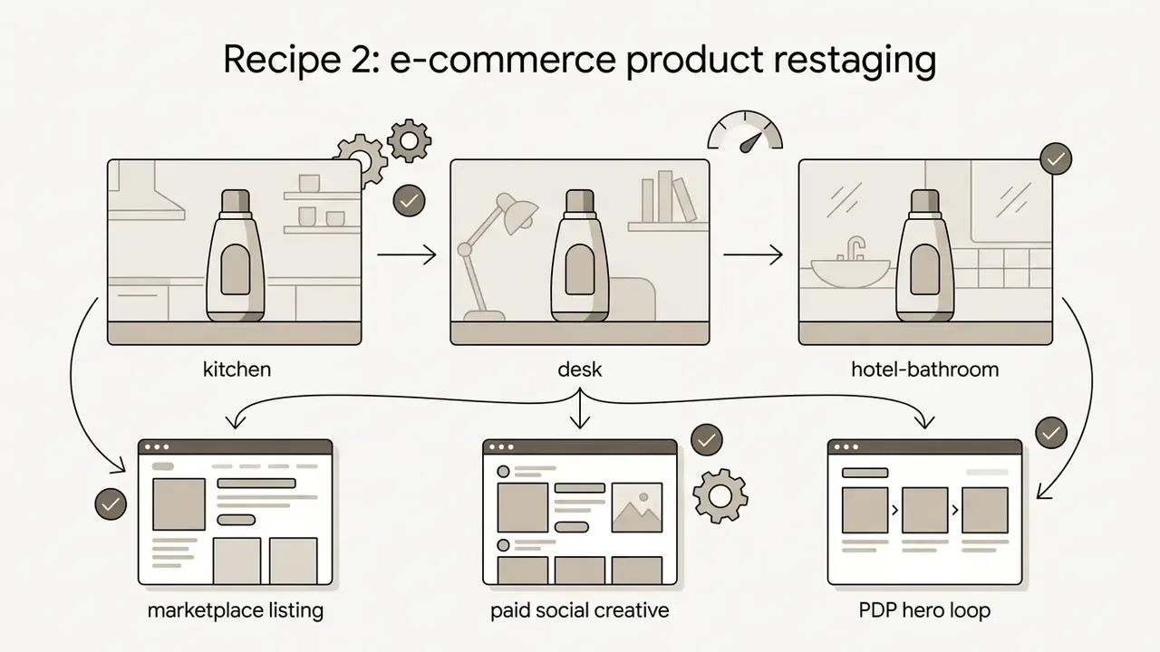 Product scenes in kitchen, desk, and bathroom contexts feeding into marketplace and social media layouts
