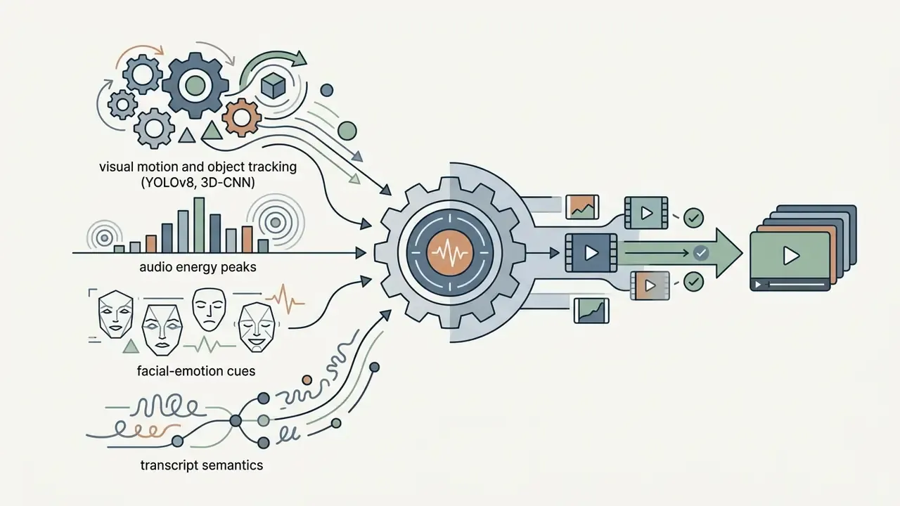 Multimodal signals like visual tracking and audio energy feeding into a central gear to output video clips