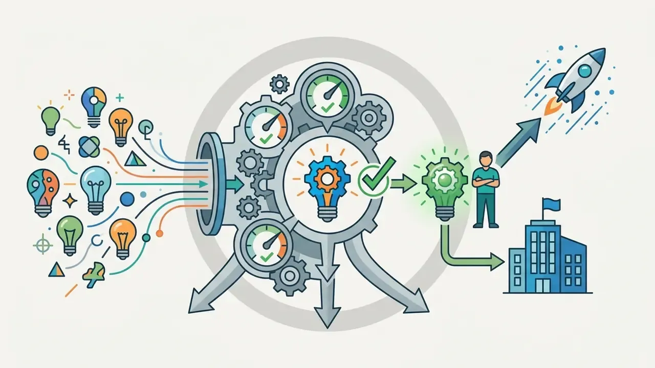 Multiple light bulb icons feeding into a gear mechanism that processes ideas for launch or implementation