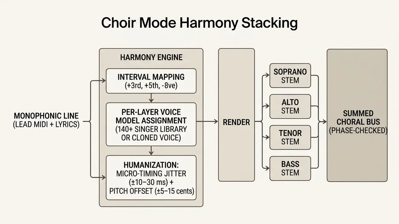 Diagram showing how a single melodic line is processed through a harmony engine into a multi-part choral stack