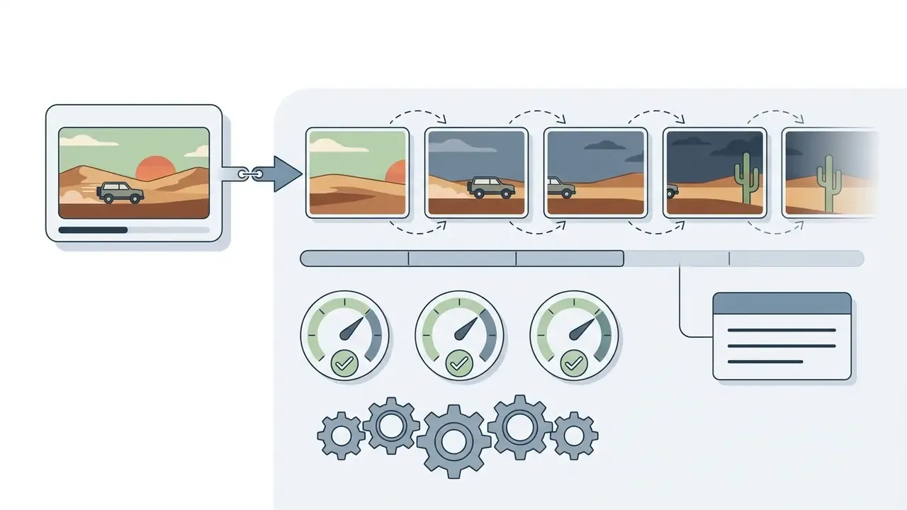 Sequence of frames showing a vehicle driving through a desert landscape as time progresses