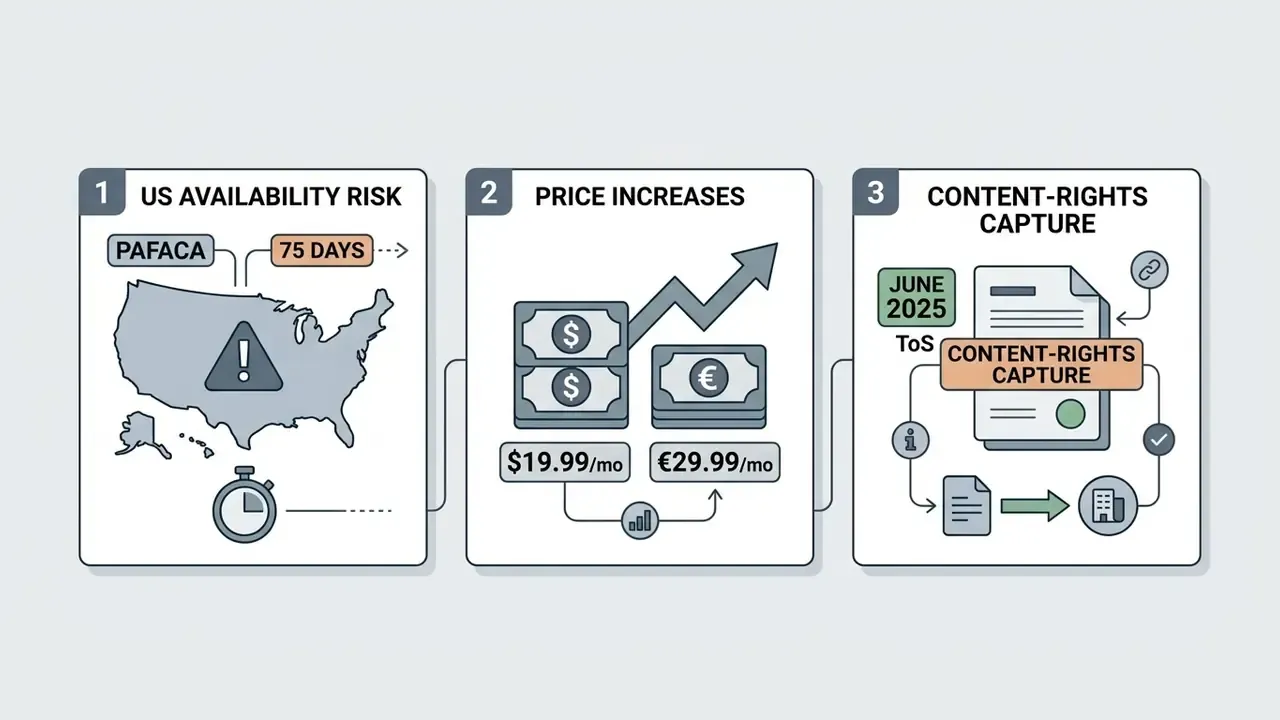 Three panels detailing migration triggers including US ban risks, monthly price hikes, and content rights