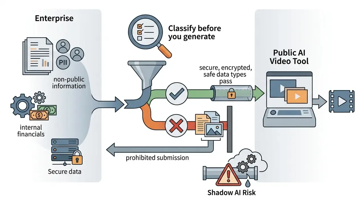 Data filtering process showing secure information passing to a public tool while sensitive files are blocked