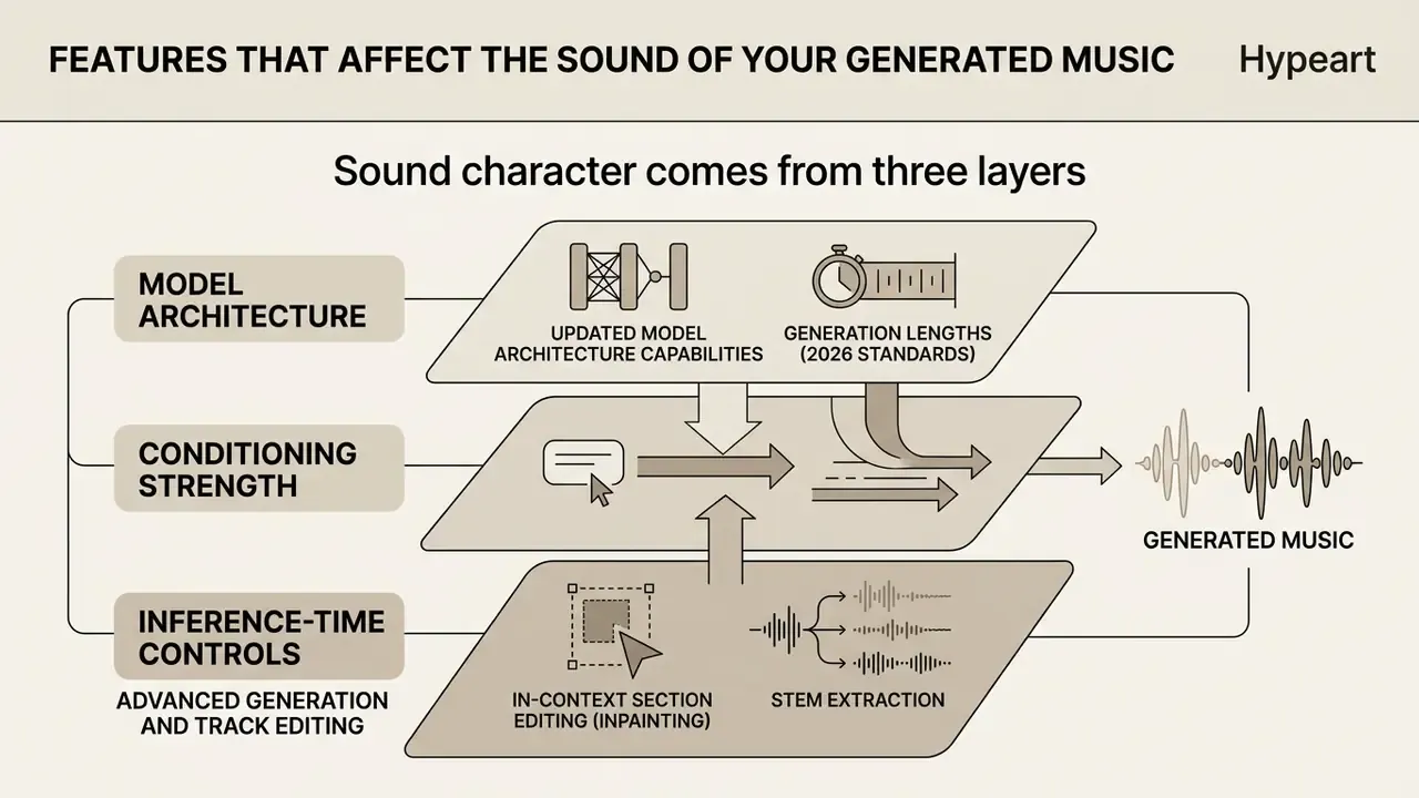 Diagram showing three layers of model architecture, conditioning strength, and controls for audio output