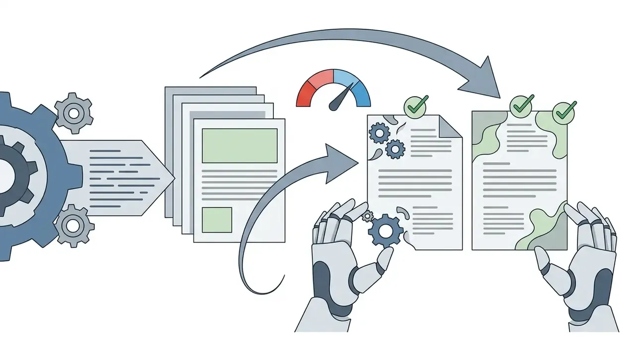 Robotic hands manually adjusting document gears and structure to improve textual flow and cohesion