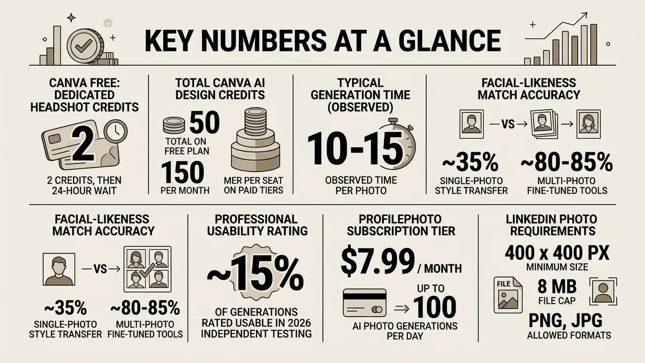 Infographic displaying statistics about Canva AI headshot generation credits, accuracy, and output