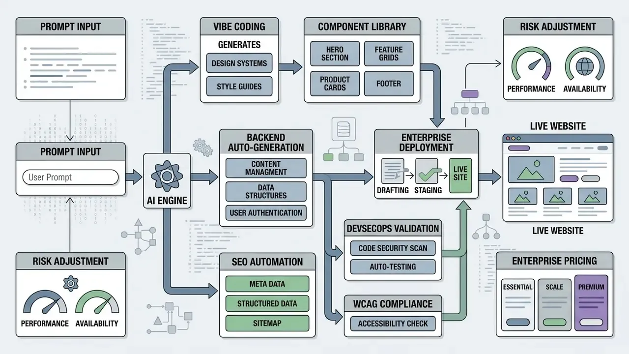 Flowchart showing how an AI engine transforms user prompts into a structured website layout and deployment